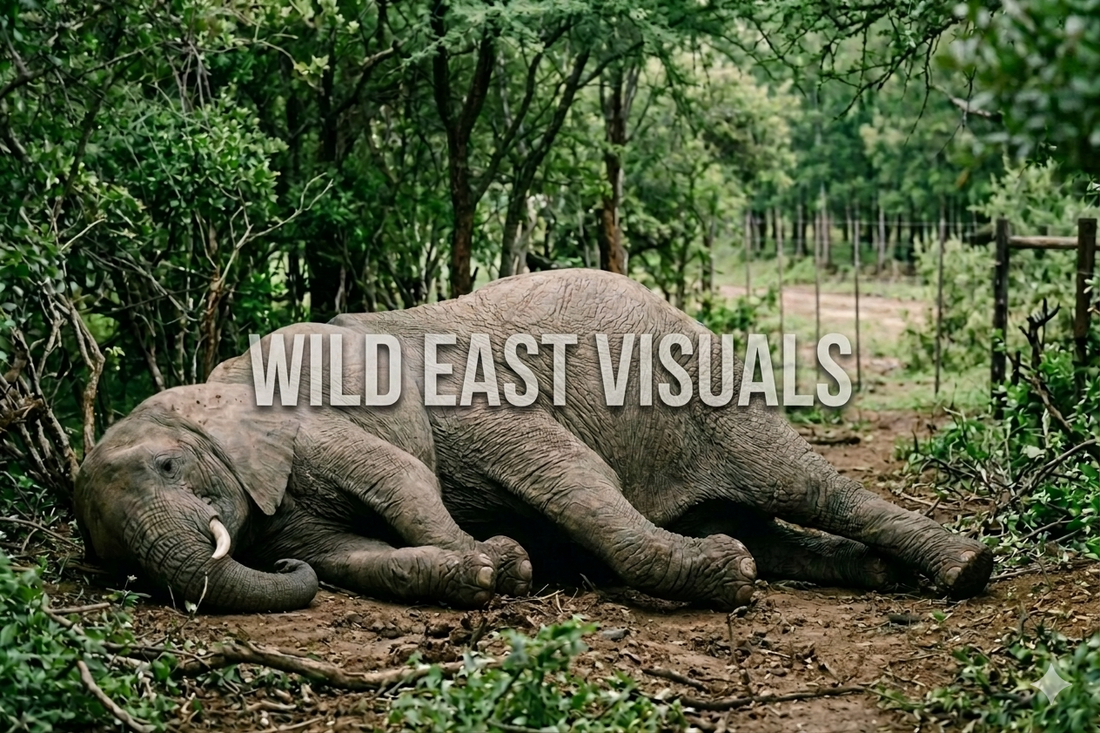 A lone elephant resting on its side in a forest clearing, trunk curled, surrounded by dense green bush — Wild East Visuals