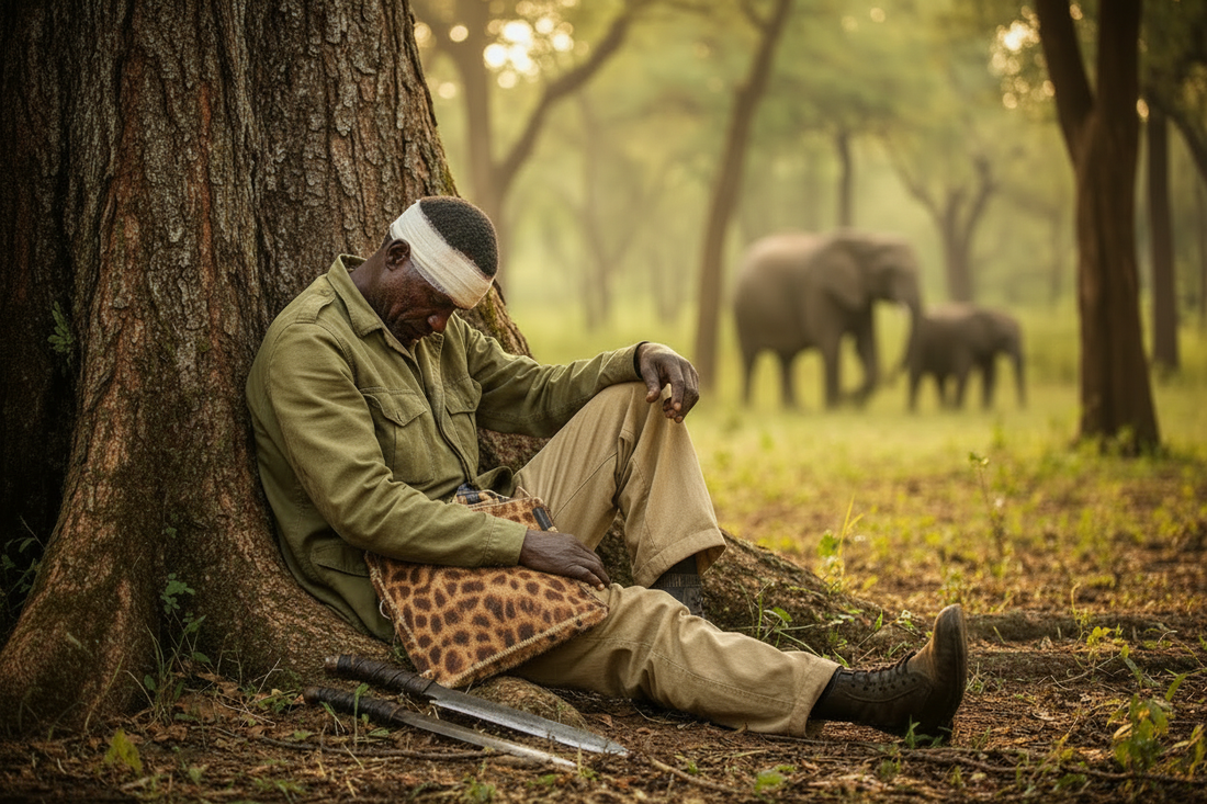 A wounded man sits head bowed against a tree in Marsabit forest, bandaged and exhausted, with a herd of elephants visible in the golden background — Wild East Visuals