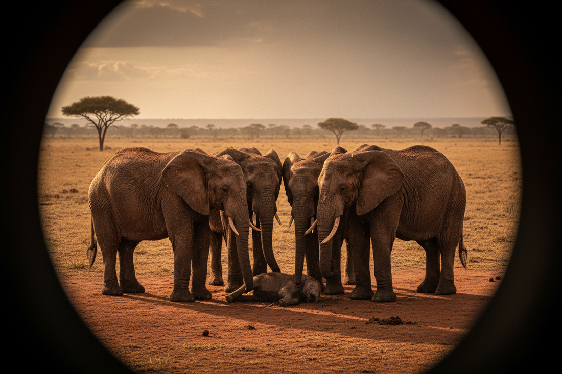 A herd of elephants stands in a solemn circle around a fallen calf in the red dust of Tsavo East National Park, heads lowered in grief — Wild East Visuals