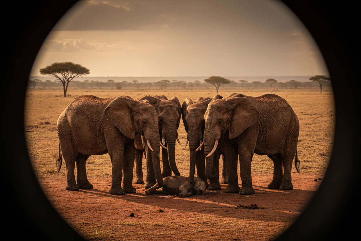 A herd of elephants stands in a solemn circle around a fallen calf in the red dust of Tsavo East National Park, heads lowered in grief — Wild East Visuals