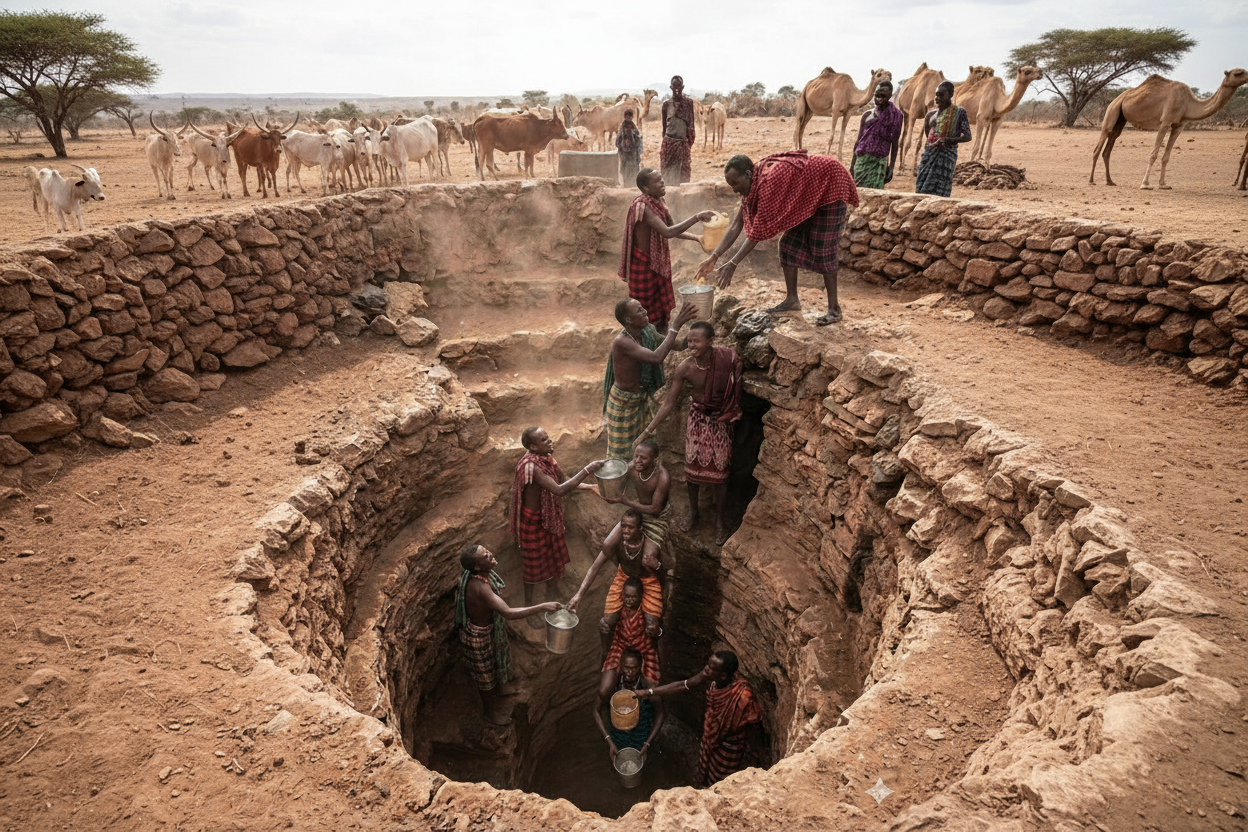 Boran herdsmen passing metal buckets of water up a human chain inside a deep rocky well in Marsabit, northern Kenya, with cattle and camels waiting at the rim — Wild East Visuals