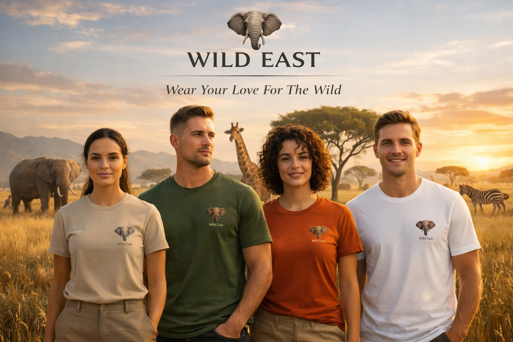 Group of four wearing Wild East limited edition t-shirts in sand, olive, terracotta and white colourways, standing in the African savanna at golden hour with elephants, giraffe and zebra in the background — Wild East Visuals