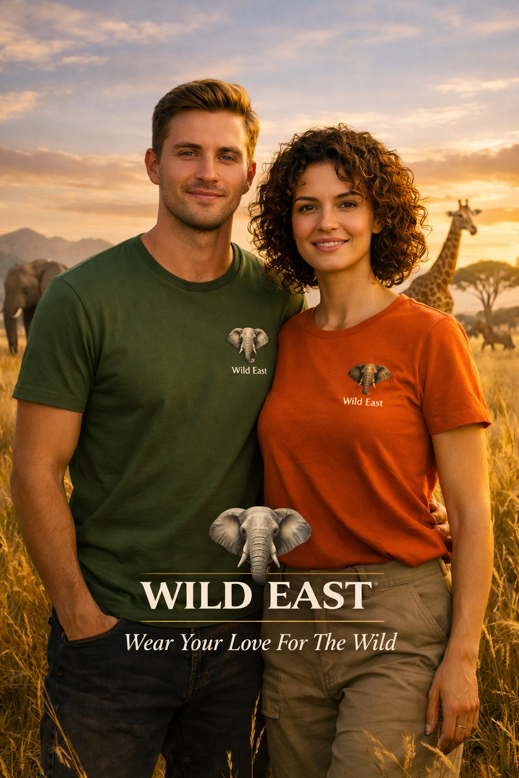 Man wearing Wild East forest green olive t-shirt with elephant badge on left chest, arms crossed, sitting on a rock at golden hour in the African savanna with elephants and giraffe in the background — Wild East Visuals
