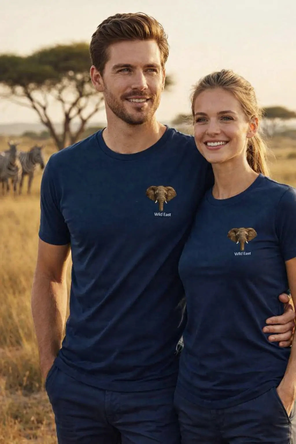 Couple wearing Wild East Navy Tees in the African savannah at golden hour with zebras in background — Wild East Visuals