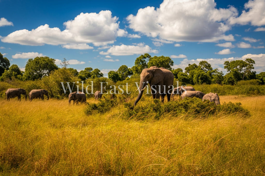 African elephant herd feeding in golden savannah grass in the Maasai Mara, Kenya — Family Table fine art giclée print — Wild East Visuals