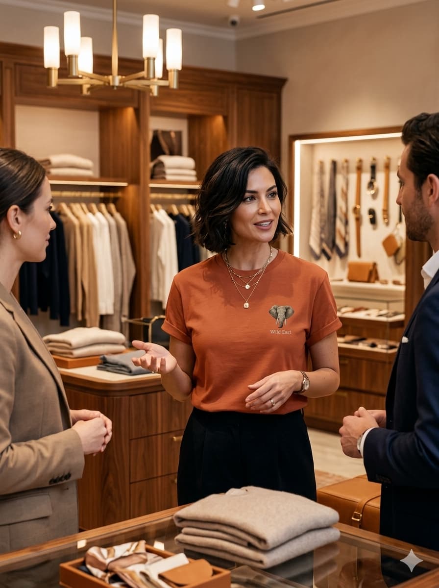 Woman wearing Wild East Tee in terracotta with elephant chest print, conversing at a luxury boutique — Wild East Visuals
