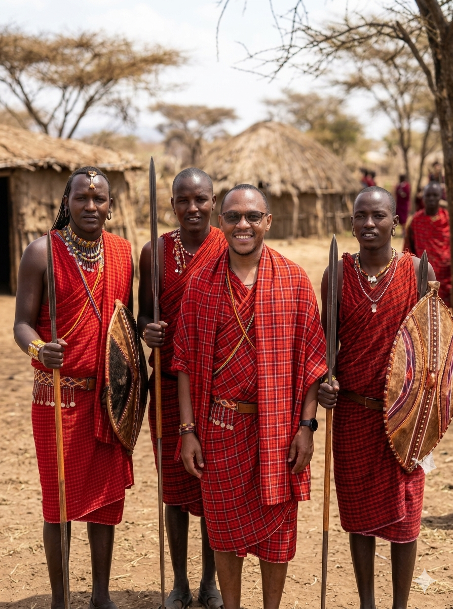 Mike interacting with Maasai Morans at a village in Kajiado, Kenya — Wild East Visuals conservation in action