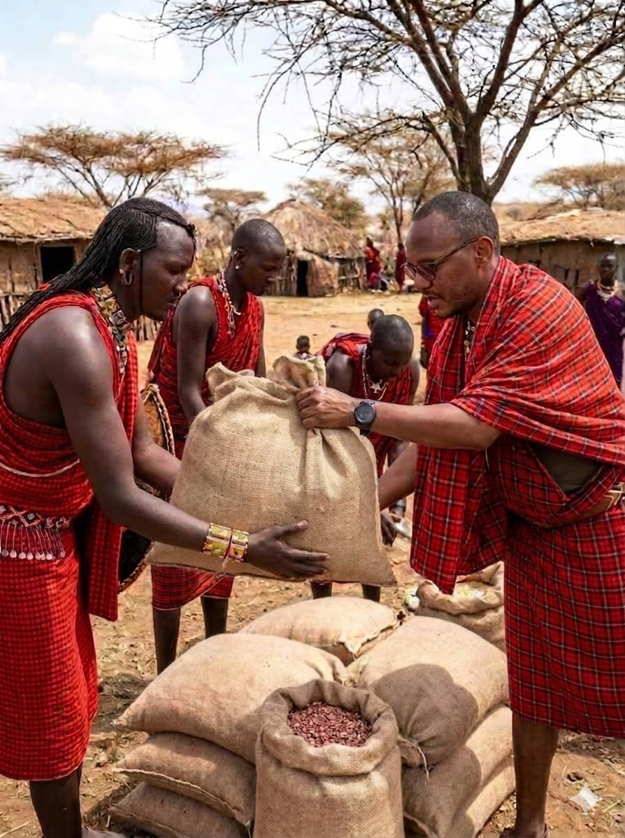 Donating food supplies to a Maasai homestead in Kajiado County, Kenya — cattle and goats lost to drought, no food remaining — your Support the Wild donation at work — Wild East Visuals