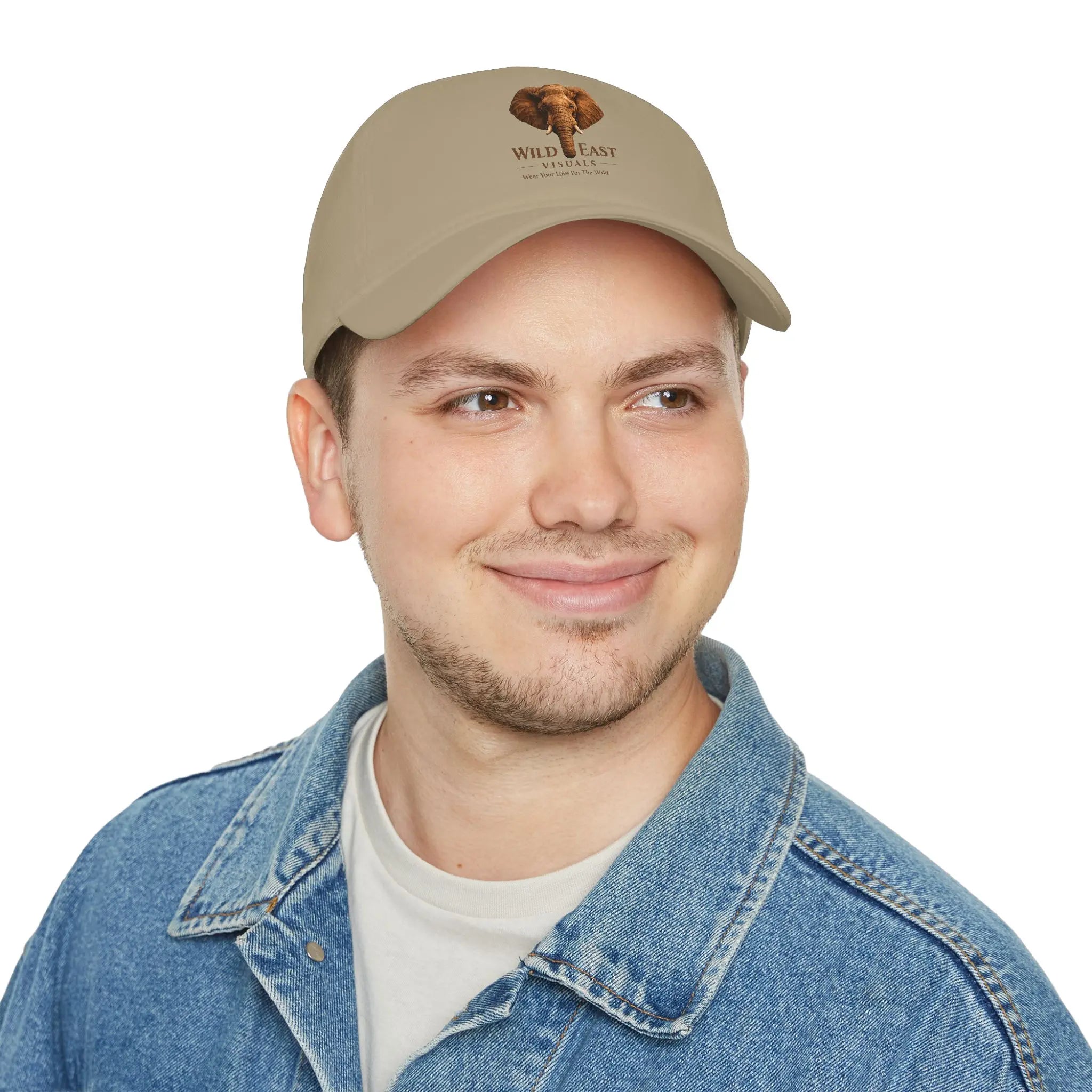 Man wearing The Patriarch Wildlife Dad Cap in Khaki with Wild East Visuals elephant logo — Wild East Visuals