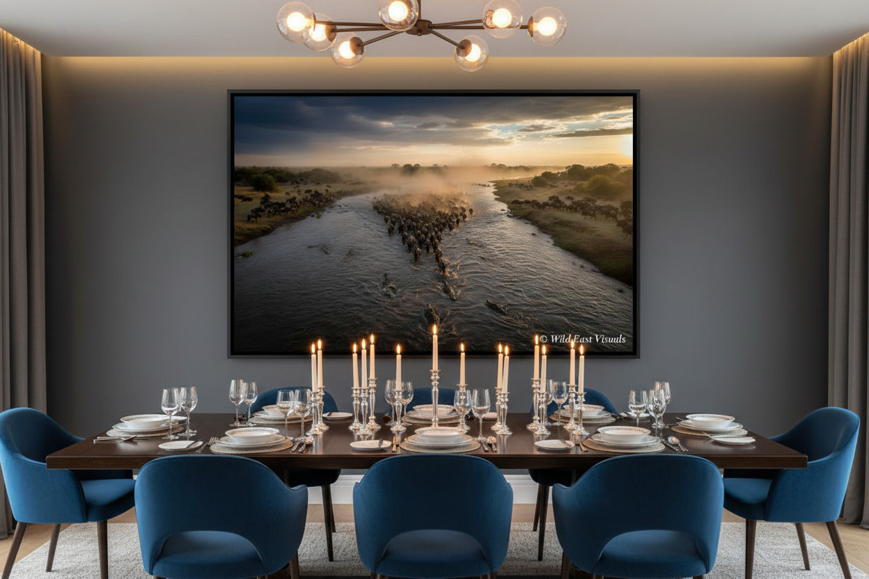 The Crossing — Dust & Thunder fine art giclée print displayed in a posh luxury dining room — Great Wildebeest Migration Mara River wildlife wall art — Wild East Visuals
