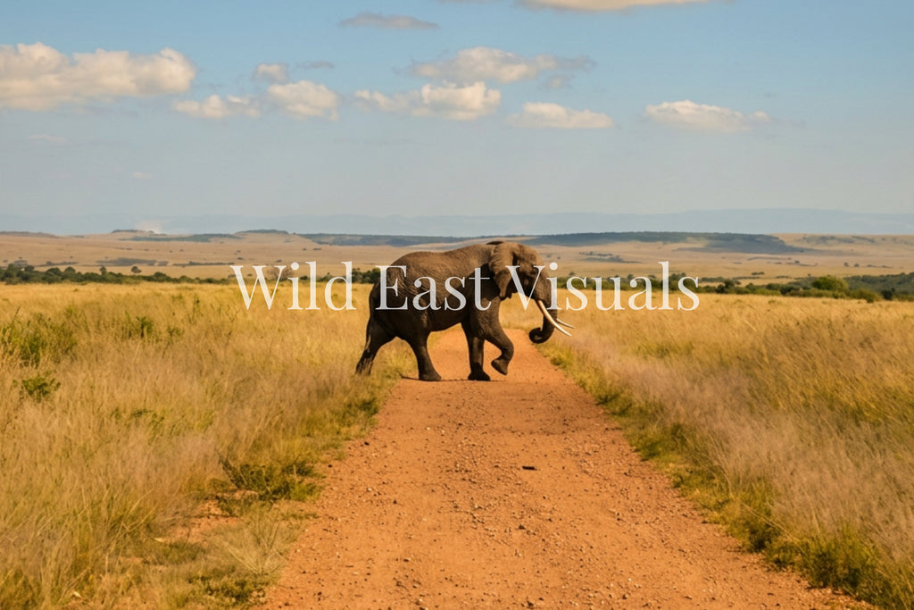 Right of Way — lone bull elephant crossing a dirt track in the Maasai Mara, golden grass plains, Kenya — Wild East Visuals