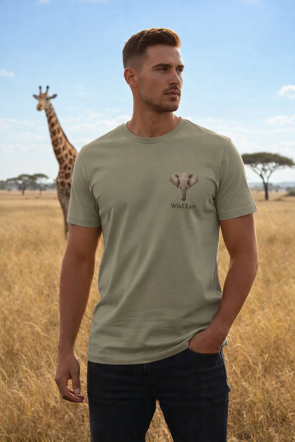 A man stands on the golden Kenyan savannah wearing the Wild East Sand Tee — a towering giraffe grazes behind him under a wide blue sky. Wear the Wild. Wild East Visuals.