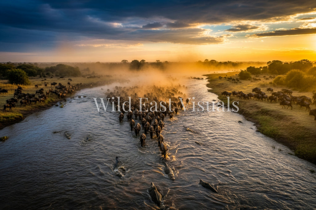 The Crossing — Dust & Thunder — fine art print of the Great Wildebeest Migration crossing the Mara River at golden hour — Wild East Visuals