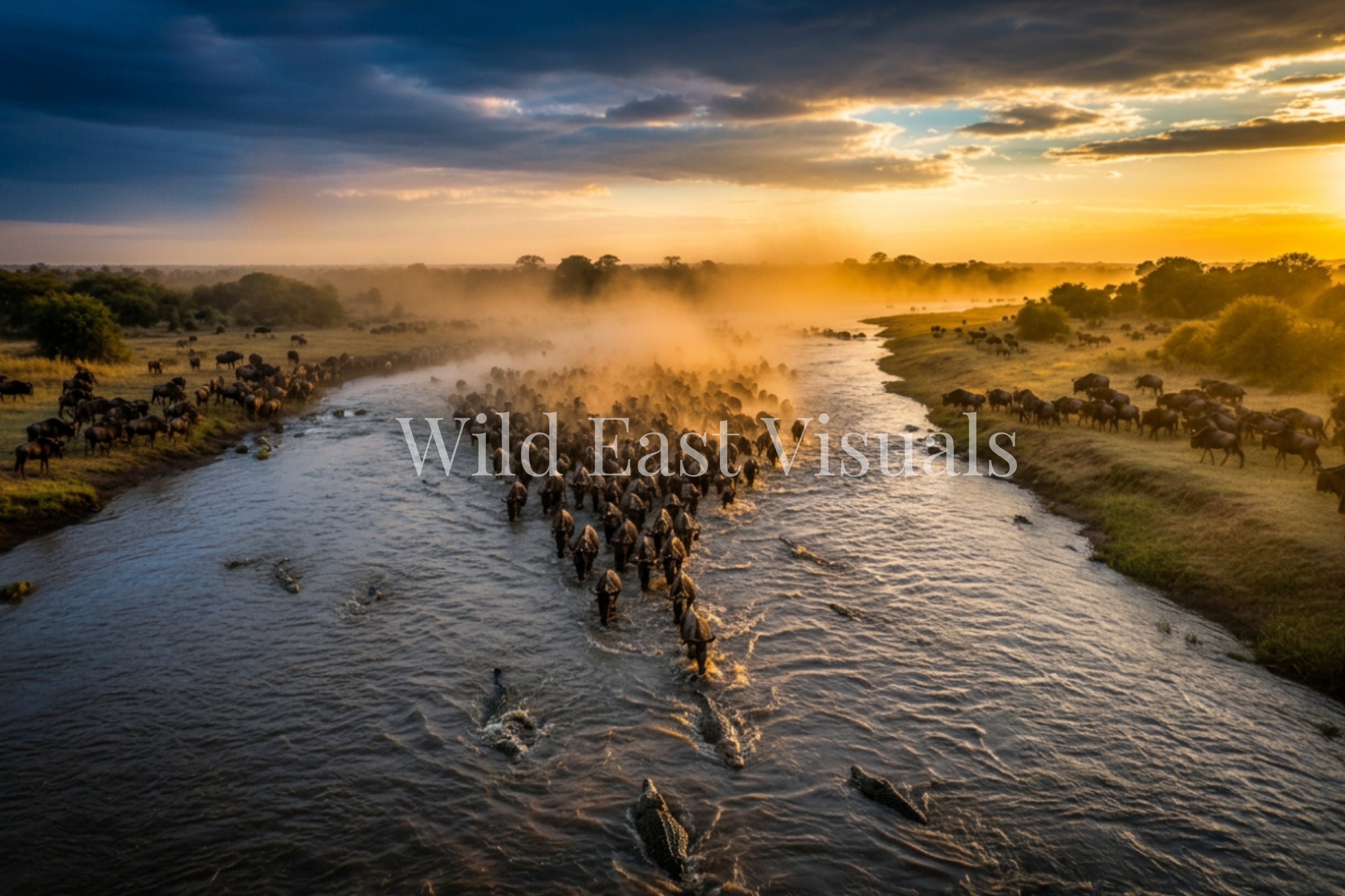 The Crossing — Dust & Thunder — fine art print of the Great Wildebeest Migration crossing the Mara River at golden hour — Wild East Visuals