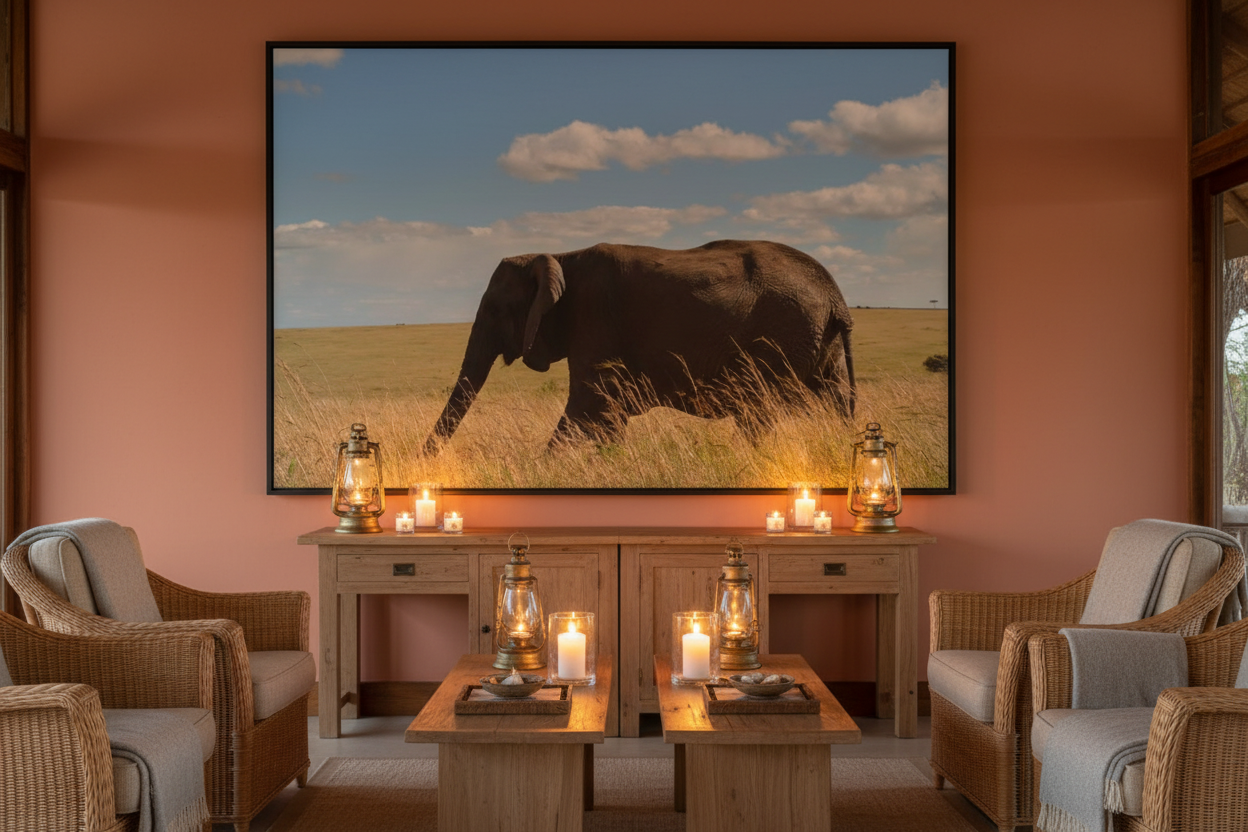 Across the Mara — Lone Elephant fine art print displayed in a luxury safari lodge lounge, terracotta wall, rattan chairs, warm candlelight, no frame — Wild East Visuals