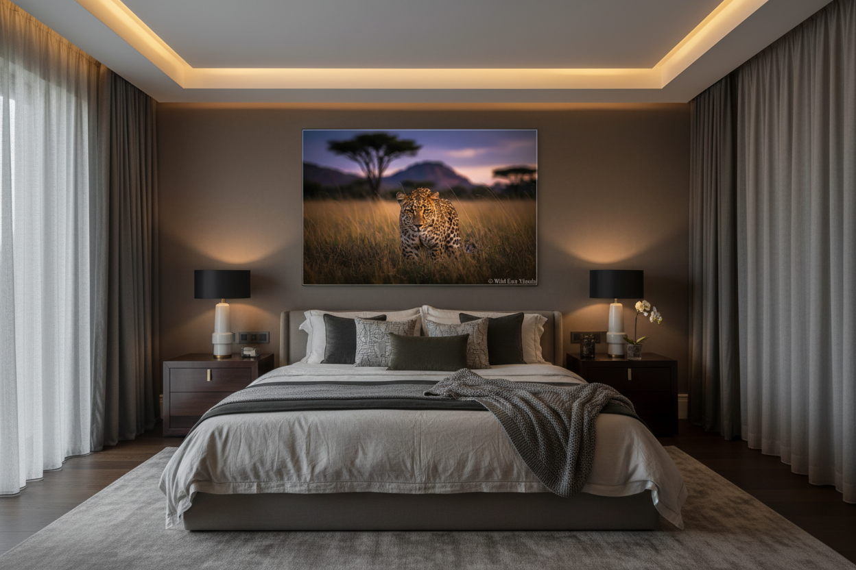 Dusk Stalker — Leopard fine art print displayed in a luxury master bedroom, warm dark taupe wall, no frame — Wild East Visuals