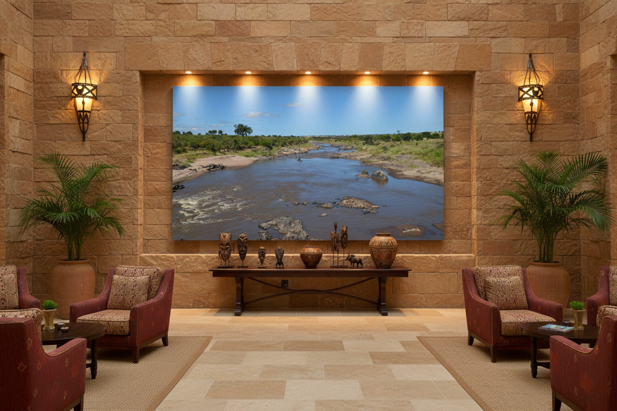 Before the Crossing — Mara River fine art print displayed in a grand luxury hotel lobby with warm stone walls and African-inspired decor — Wild East Visuals