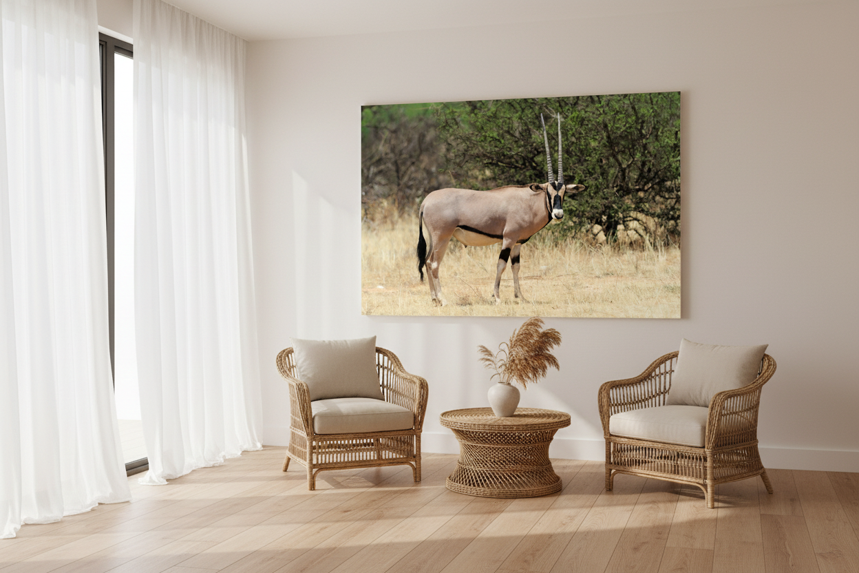 The Oryx — Spear of the Savannah fine art print displayed in a luxury coastal villa living room, soft white wall, rattan furniture, sheer curtains, no frame — Wild East Visuals