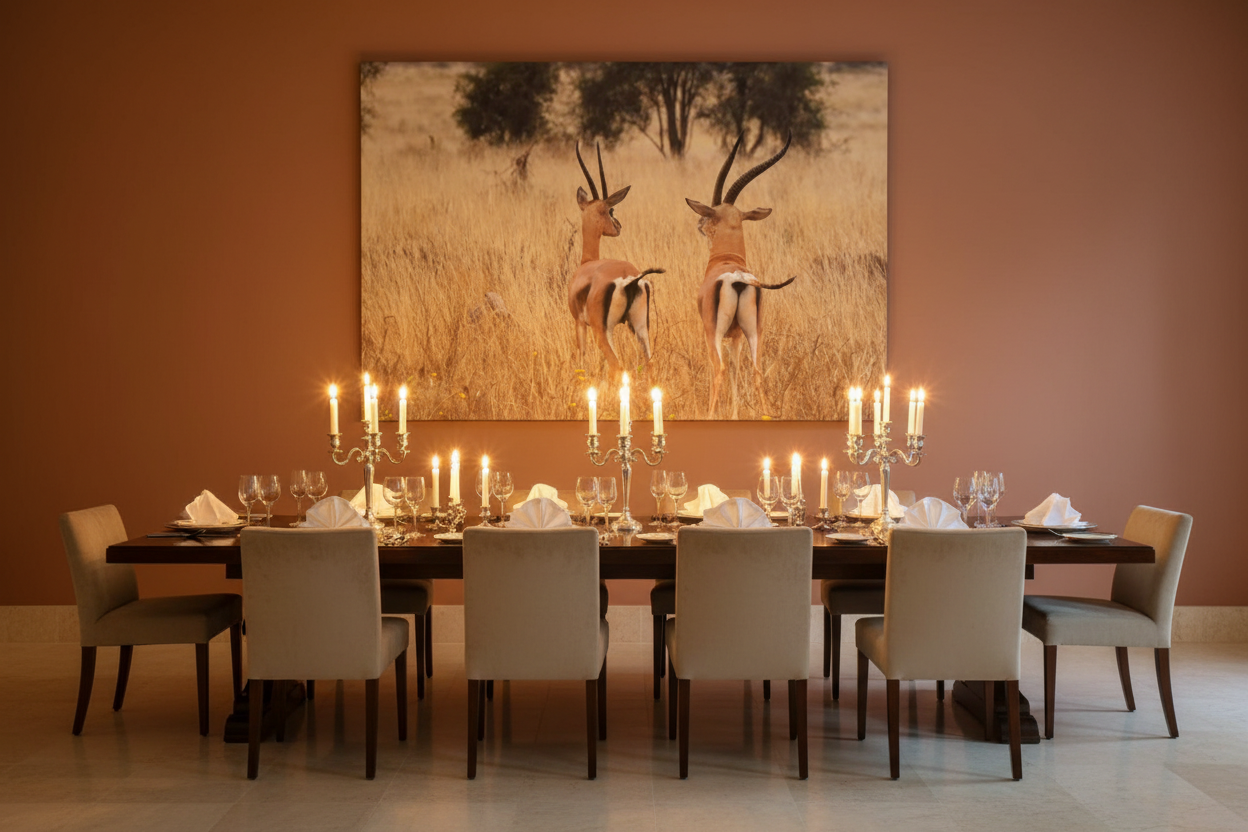 The Departure — Grant's Gazelles fine art print displayed in a luxury dining room, terracotta wall, no frame — Wild East Visuals