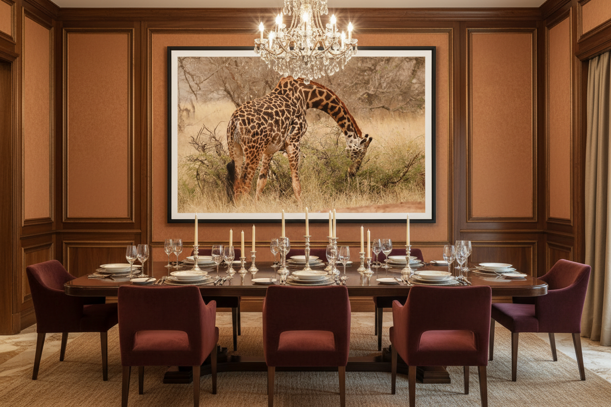 The Bend fine art giclée print displayed in a posh luxury dining room setting — Masai giraffe wildlife wall art — Wild East Visuals