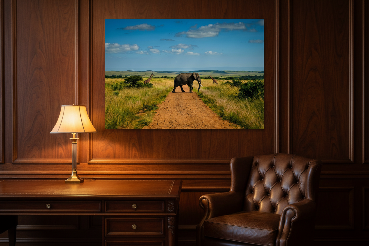 The Crossing of Giants — Elephant & Giraffes fine art print displayed in a prestigious luxury executive office, dark walnut wood panelling, no frame — Wild East Visuals
