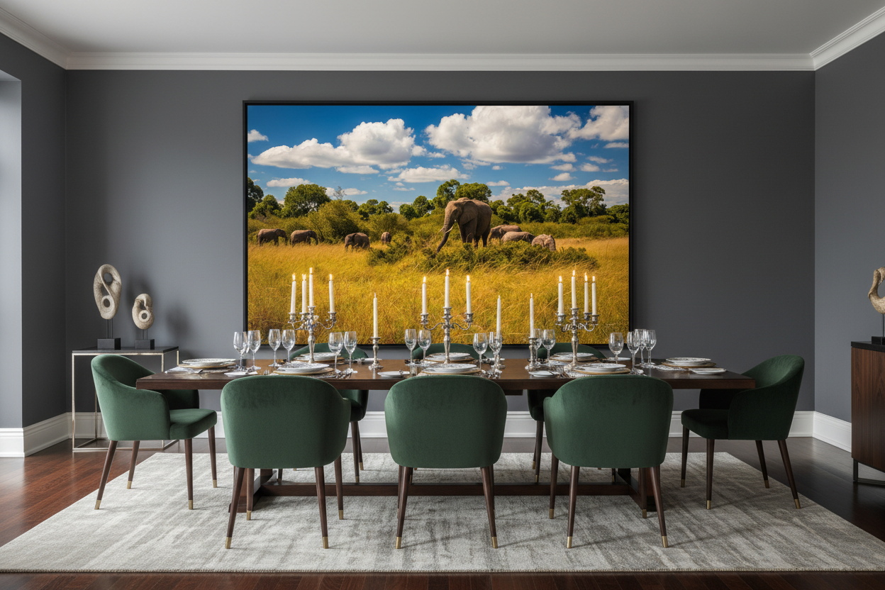 Family Table fine art giclée print displayed in a posh luxury dining room setting — African elephant wildlife wall art — Wild East Visuals