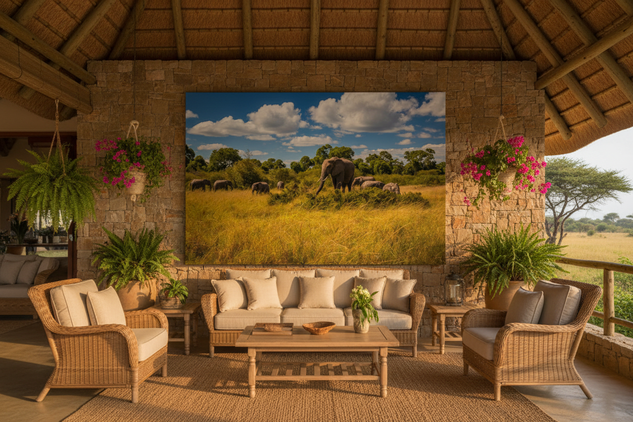 Family Table — Maasai Mara fine art print displayed on a covered outdoor terrace of a luxury safari lodge, warm stone wall, rattan furniture, lush greenery, no frame — Wild East Visuals