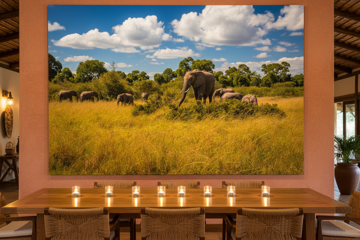 Family Table — Maasai Mara fine art print displayed in a luxury safari lodge dining room, terracotta wall, natural wood table, candlelight, no frame — Wild East Visuals