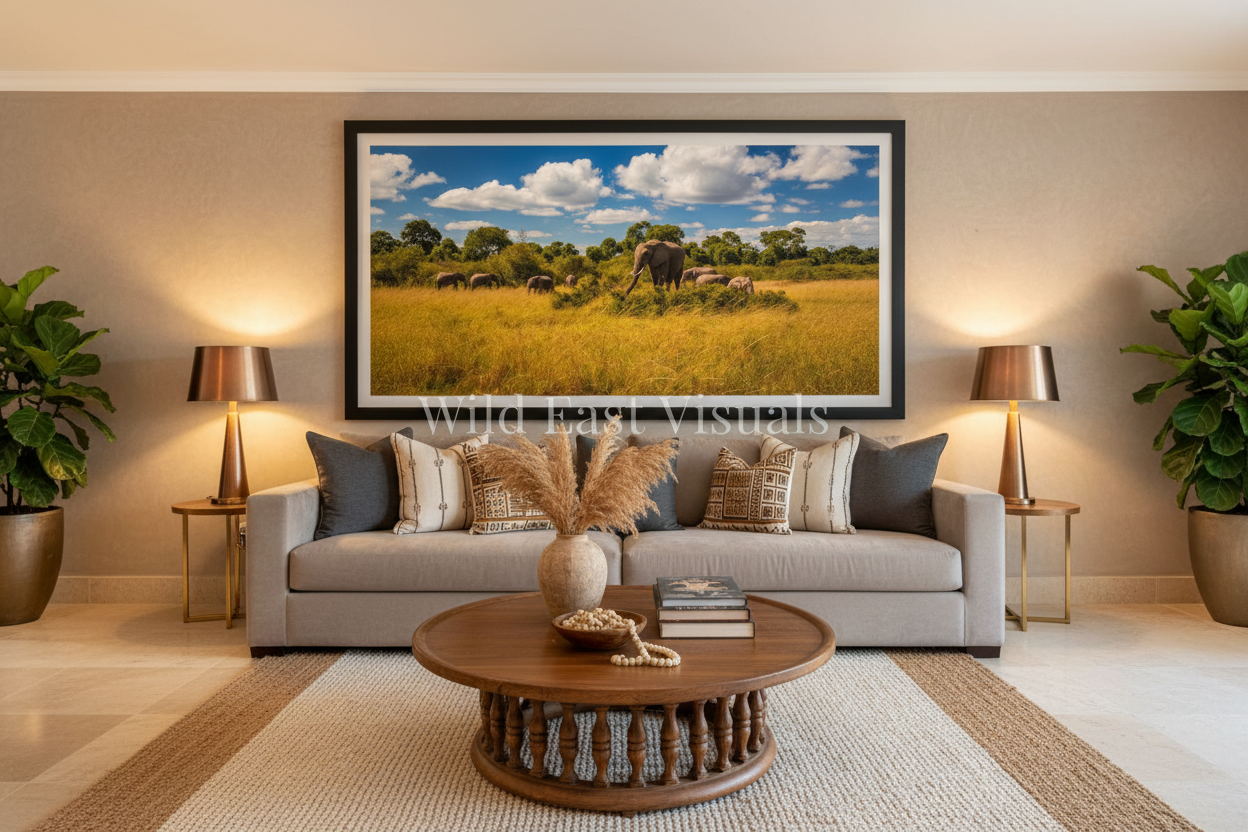 Family Table fine art giclée print displayed in a spacious luxury sitting lounge — African elephant wildlife wall art — Wild East Visuals