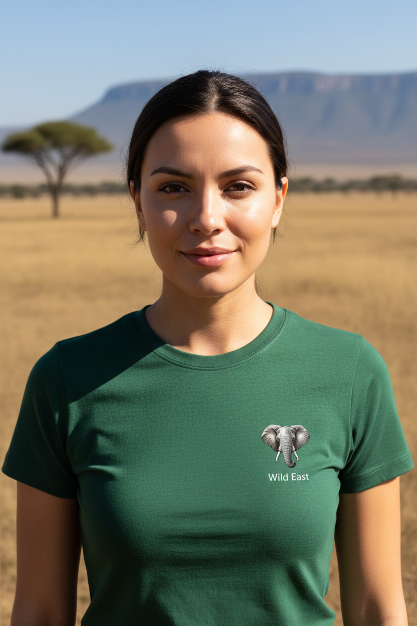 Woman wearing Wild East forest green olive t-shirt with elephant badge on left chest, smiling in the African savanna with acacia trees and open plains in the background — Wild East Visuals