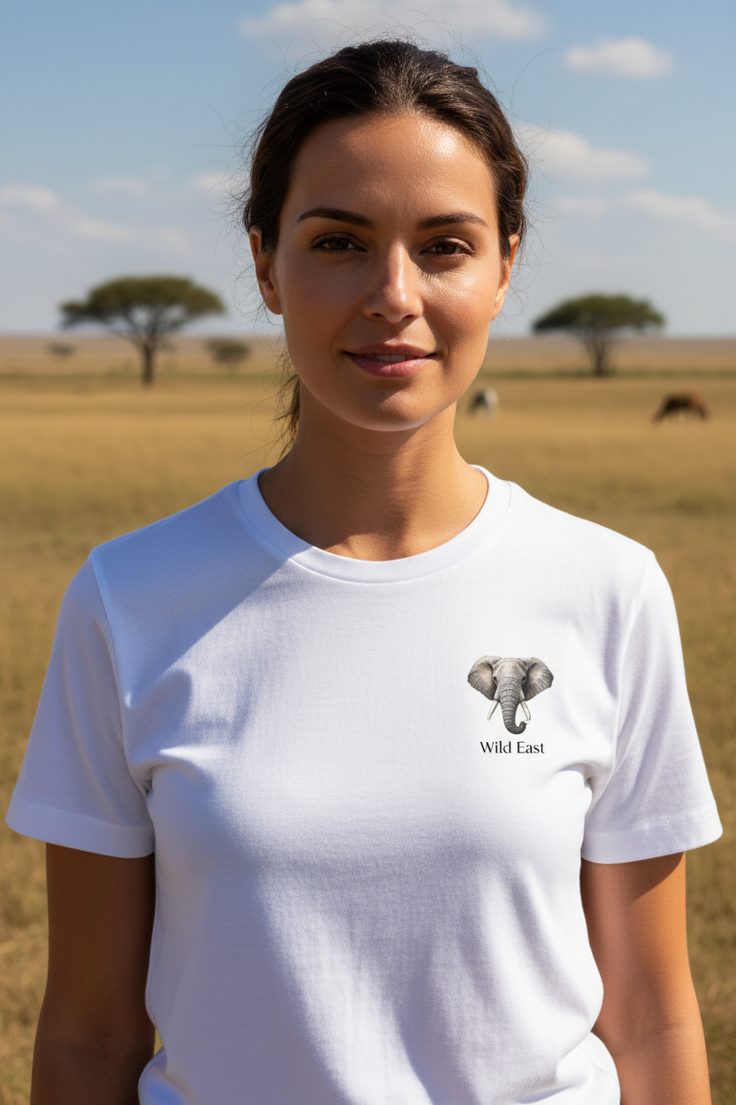 A woman stands on the open Kenyan plains under a wide blue sky wearing the Wild East White Tee — wildlife grazing freely in the distance. Wear Your Love For The Wild. Wild East Visuals.