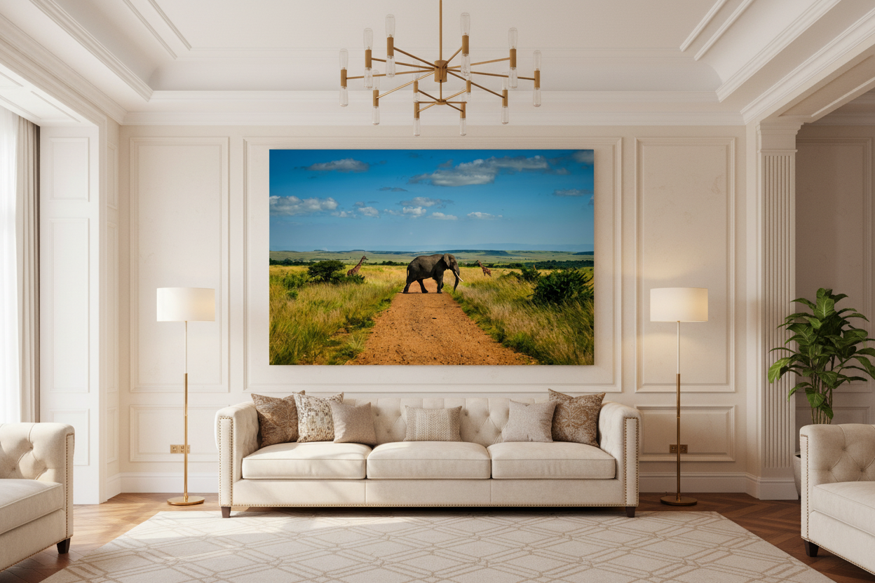 The Crossing of Giants — Elephant & Giraffes fine art print displayed in a grand luxury living room, warm white statement wall, no frame — Wild East Visuals