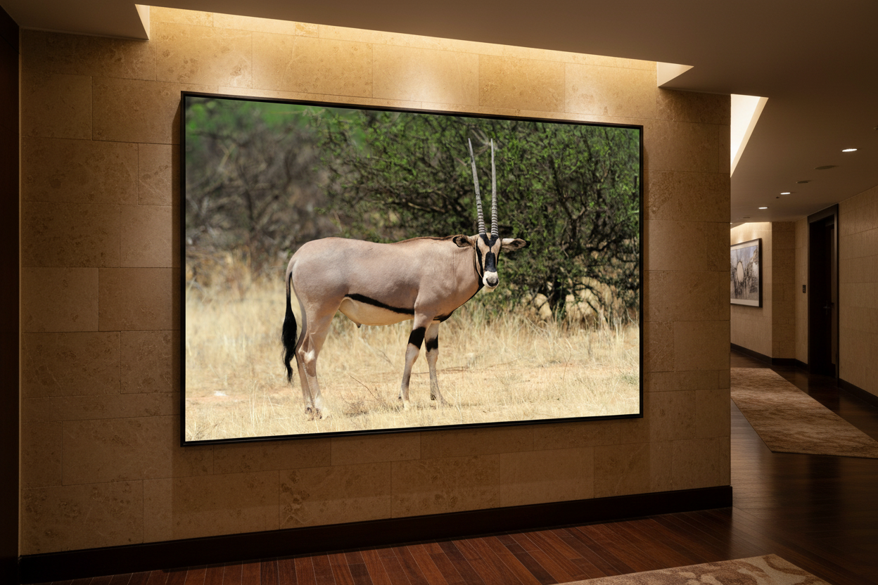 The Oryx — Spear of the Savannah fine art print displayed in a luxury hotel corridor, warm stone wall, dramatic lighting, no frame — Wild East Visuals