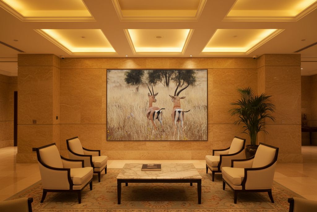 The Departure — Grant's Gazelles fine art print displayed in a grand luxury hotel lobby, warm stone wall, no frame — Wild East Visuals