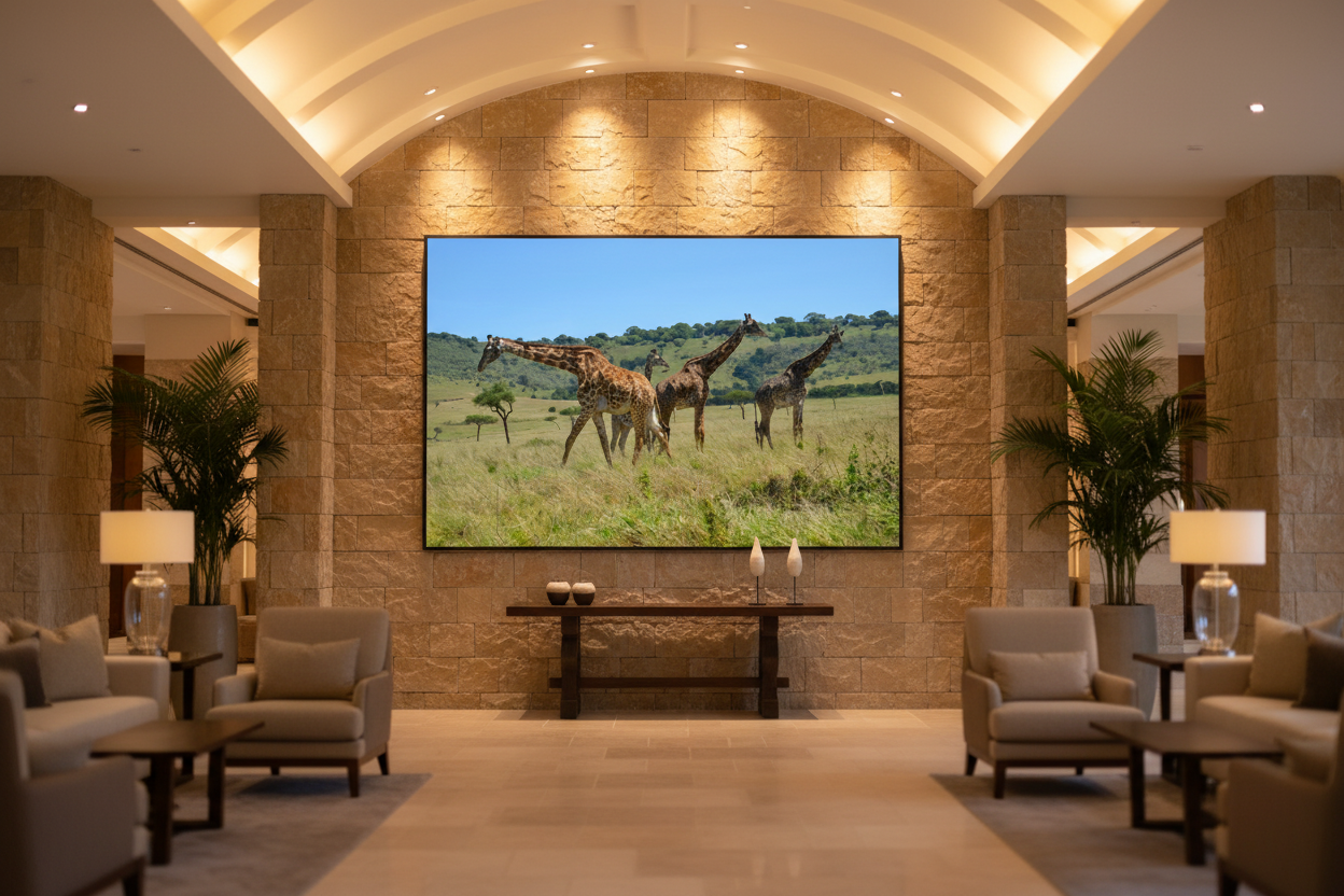Giants of the Mara — Giraffe Herd fine art print displayed in a grand luxury hotel lobby, warm stone wall, high ceilings, no frame — Wild East Visuals