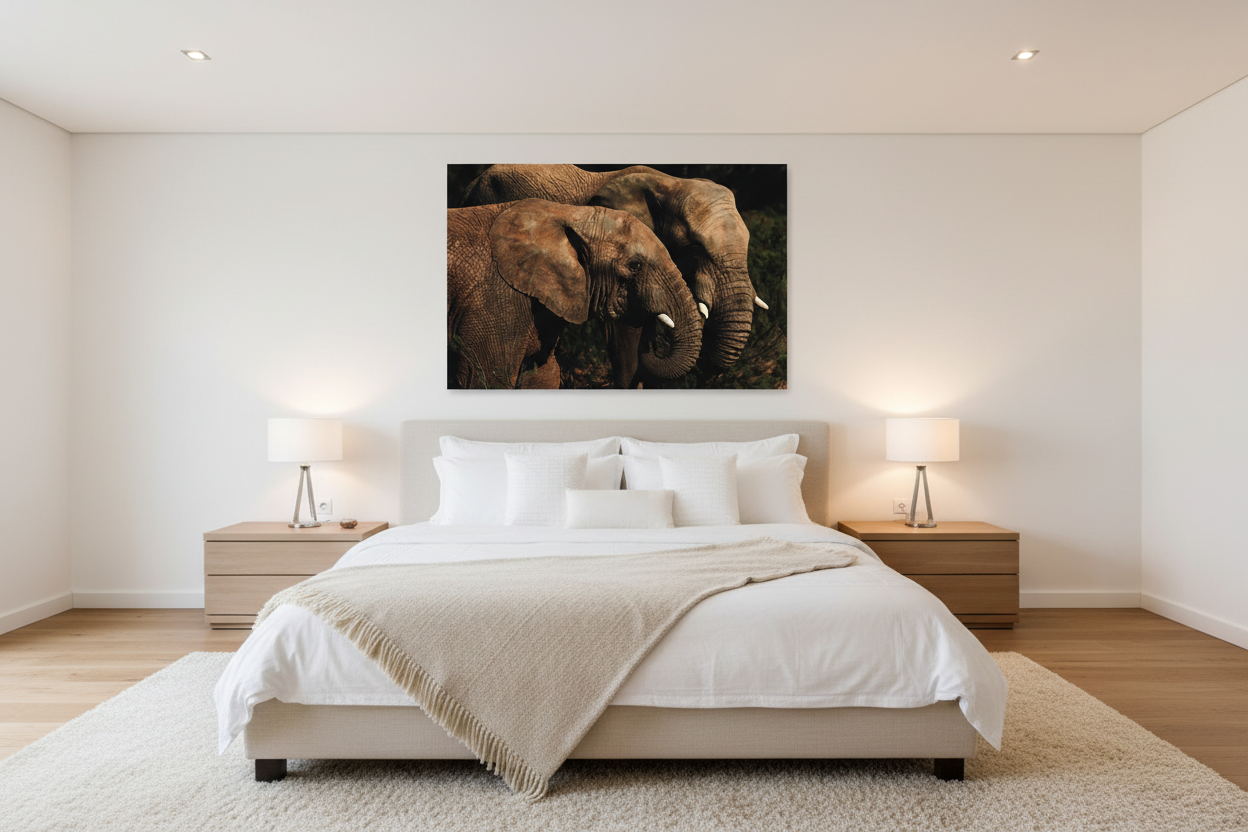 Shoulder to Shoulder — Two Elephant Heads fine art print displayed in a modern luxury bedroom, ivory bed, wide panoramic, no frame — Wild East Visuals