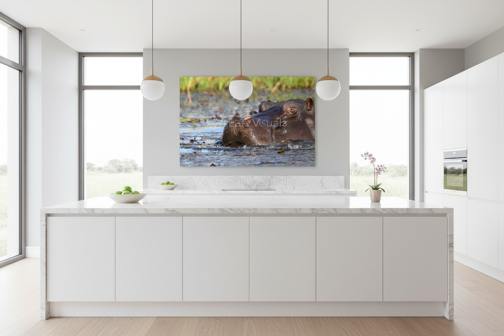 River Sovereign fine art print displayed in a modern luxury kitchen, white marble, no frame — Wild East Visuals