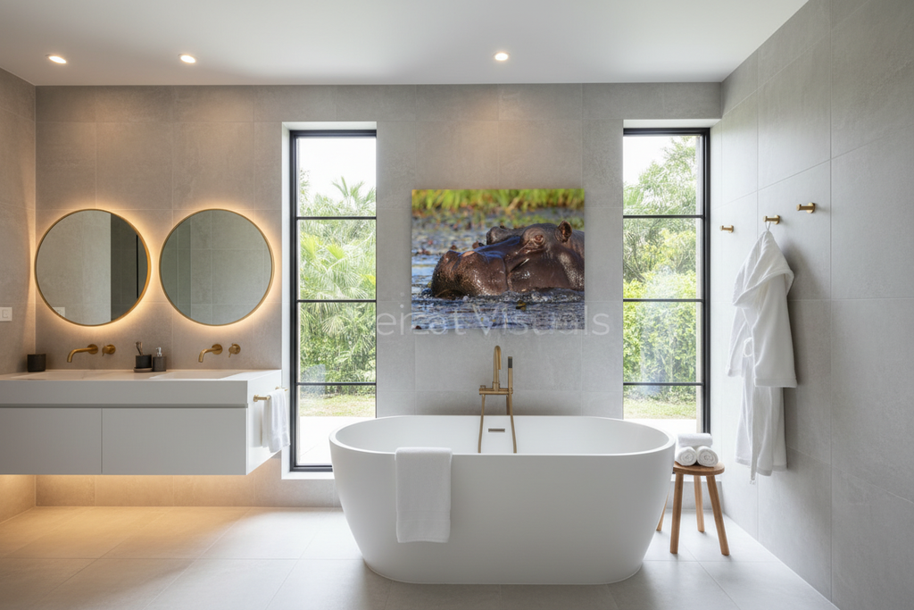 River Sovereign fine art print displayed in a luxury bathroom with freestanding tub, no frame — Wild East Visuals