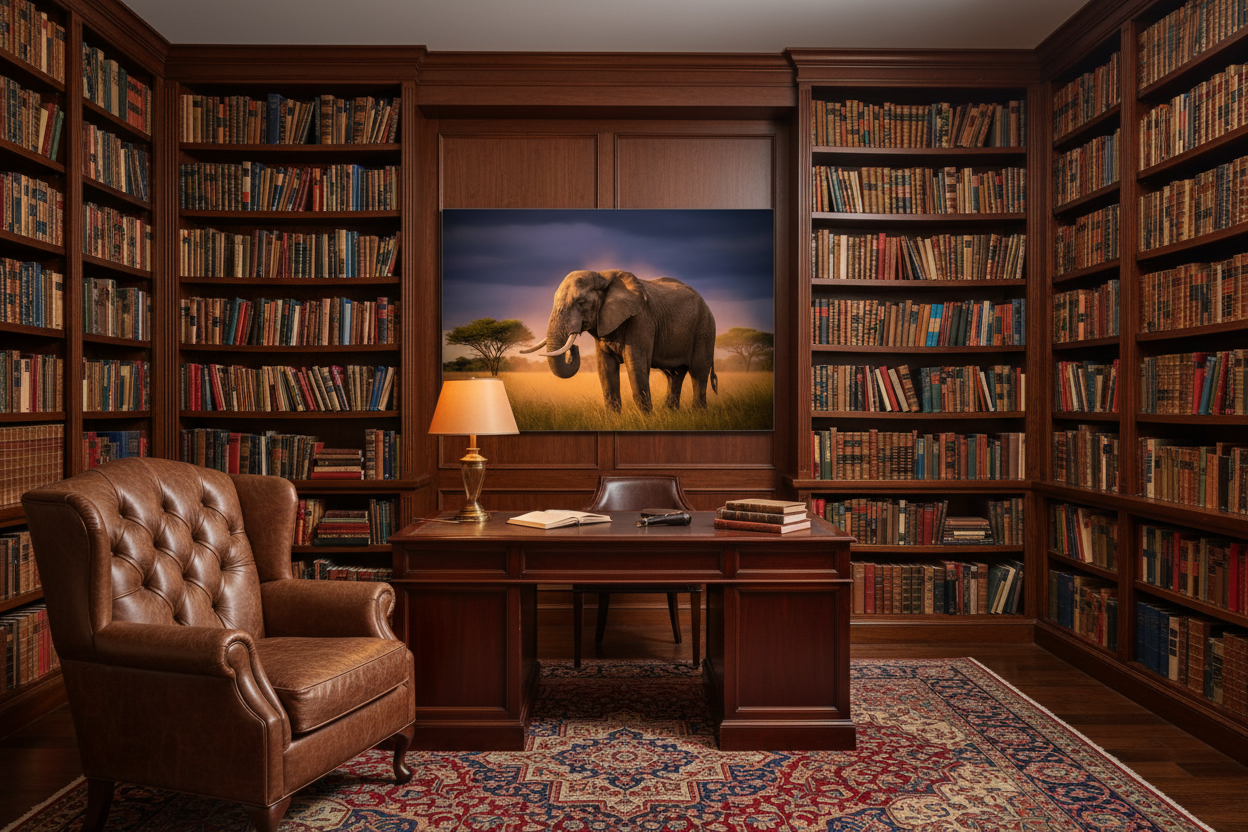 Elephant Majesty fine art print displayed in a luxury home study library, dark wood, no frame — Wild East Visuals