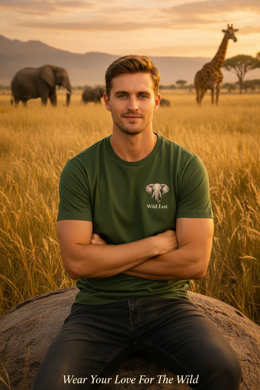 Wild East Olive Tee — male lifestyle shot, African savanna at golden hour — Wild East Visuals