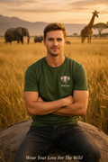 Wild East Olive Tee — male lifestyle shot, African savanna at golden hour — Wild East Visuals