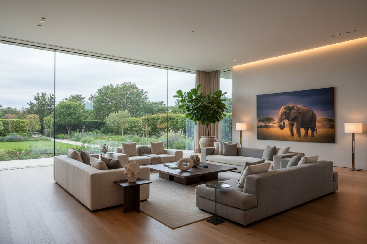 Elephant Majesty fine art print displayed in a grand luxury living room, floor-to-ceiling windows, no frame — Wild East Visuals