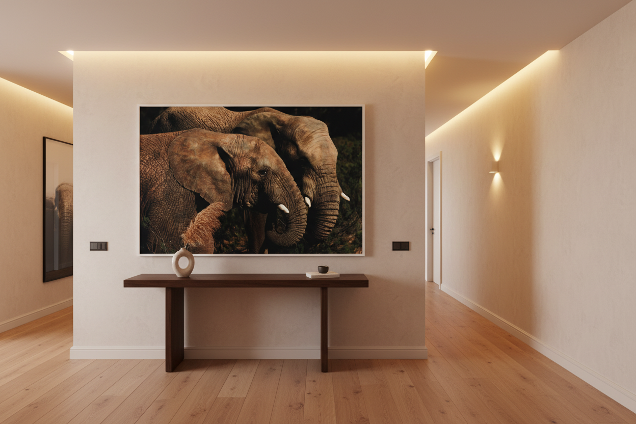 Shoulder to Shoulder — Two Elephant Heads fine art print displayed in a luxury hallway, warm wall, no frame — Wild East Visuals