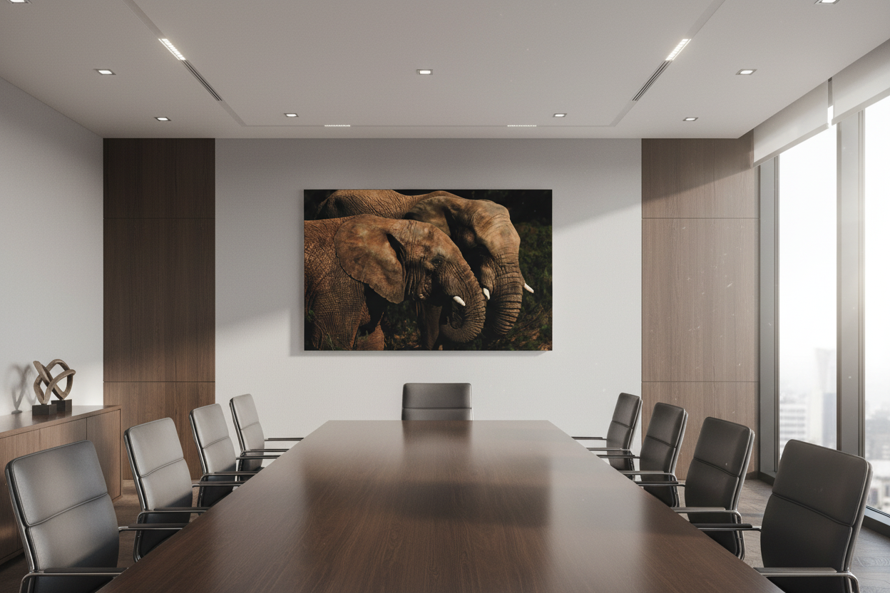 Shoulder to Shoulder — Two Elephant Heads fine art print displayed in a modern conference room, light grey wall, no frame — Wild East Visuals