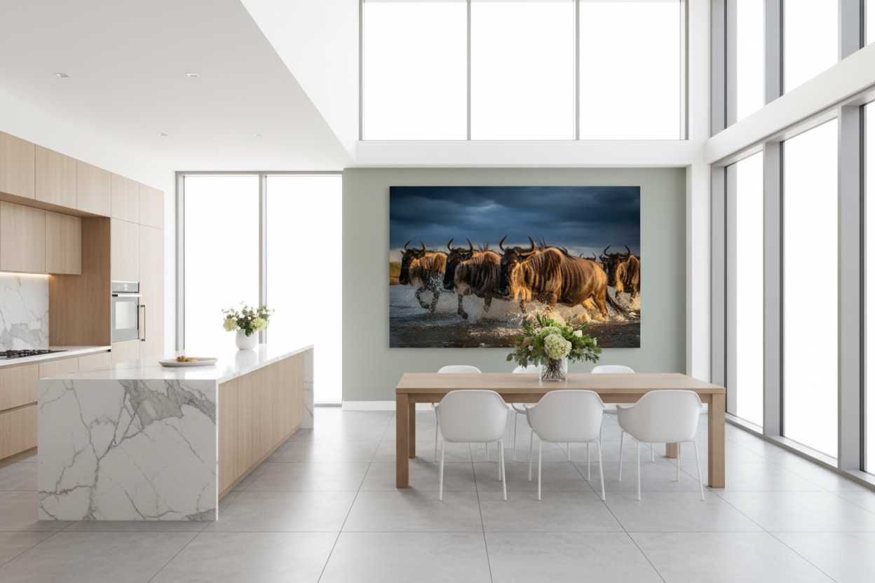 The Crossing — Wildebeest fine art print displayed in a bright luxury kitchen dining room, sage green wall, no frame — Wild East Visuals