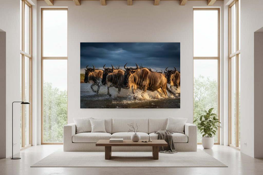 The Crossing — Wildebeest fine art print displayed in a bright luxury living room, light grey wall, no frame — Wild East Visuals