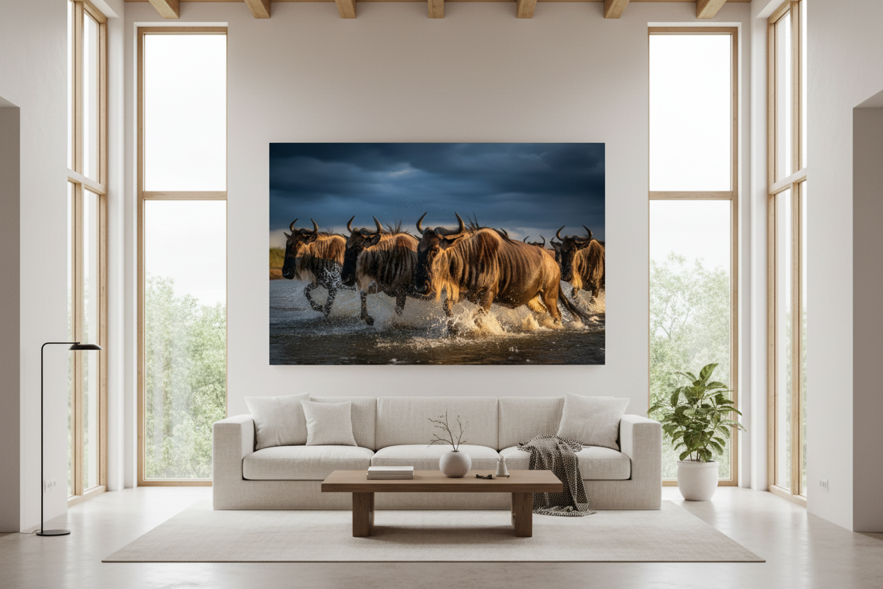 The Crossing — Wildebeest fine art print displayed in a bright luxury living room, light grey wall, no frame — Wild East Visuals