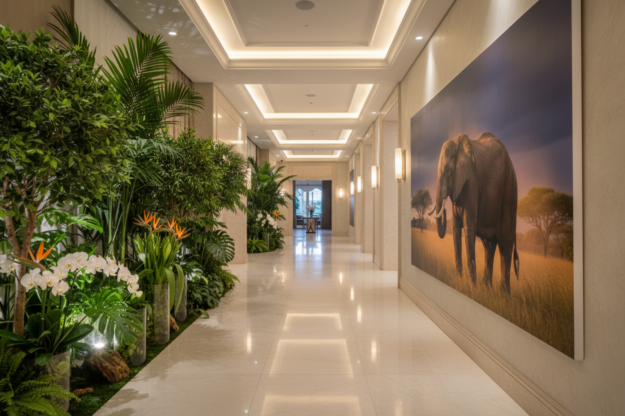 Elephant Majesty fine art print displayed in a luxury corridor with botanical flowers, no frame — Wild East Visuals