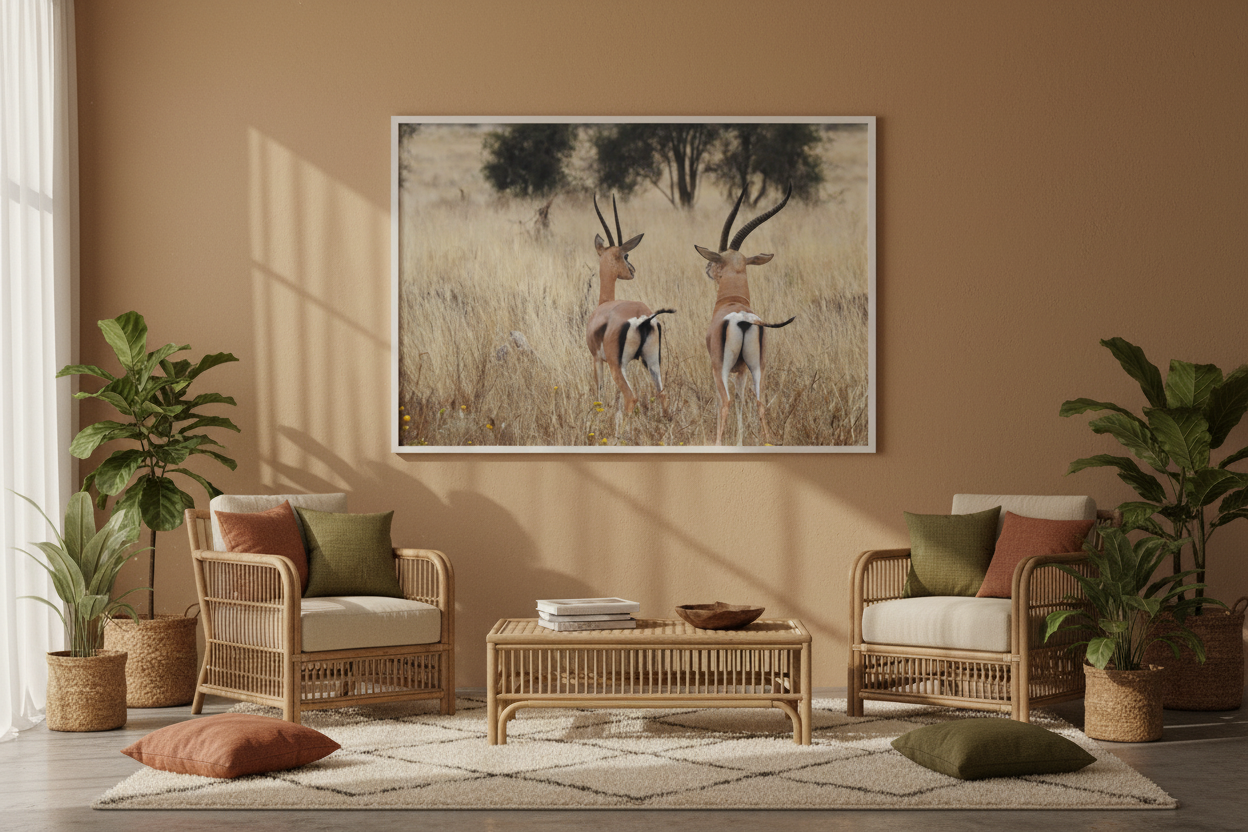 The Departure — Grant's Gazelles fine art print displayed in a warm minimalist living room, sandy ochre wall, rattan furniture — Wild East Visuals