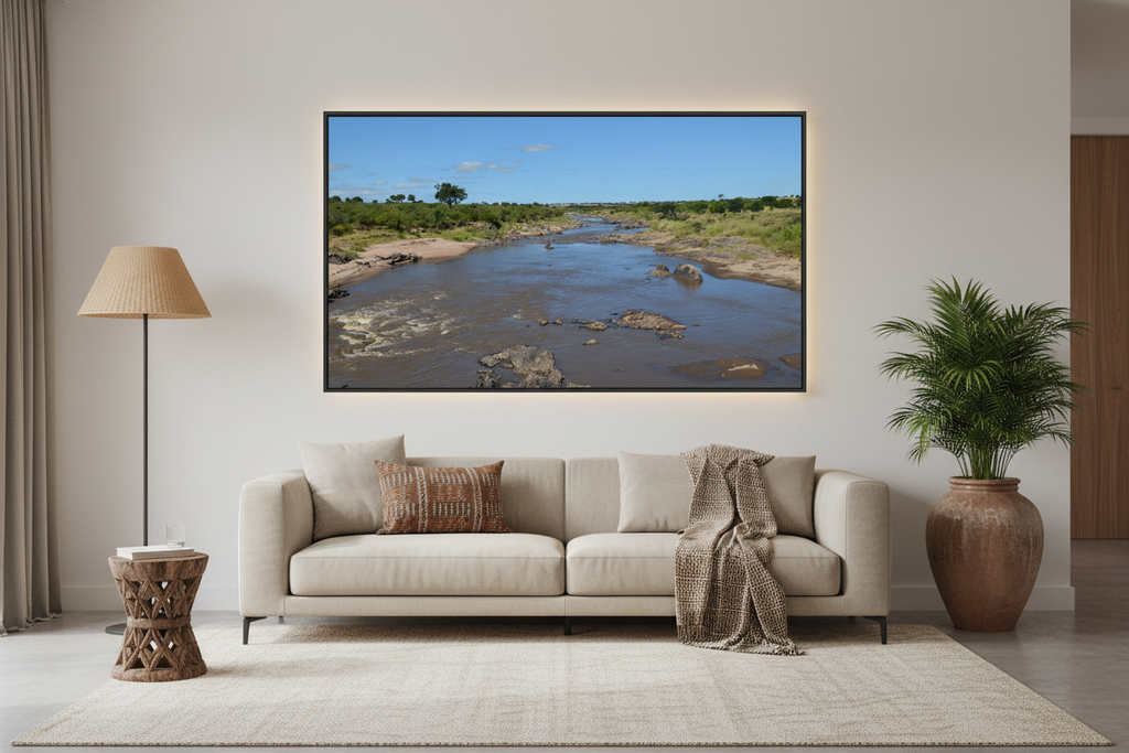 Before the Crossing — Mara River wide landscape fine art print above a modern living room sofa — Wild East Visuals